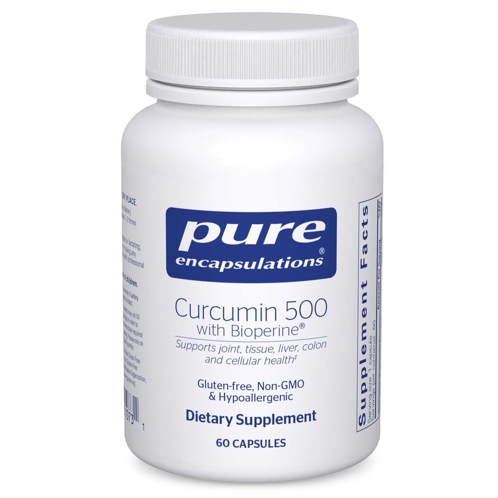 Encapsulaciones puras Curcumin 500 con Bioperina - Suplemento Antioxidante para las articulaciones de apoyo, tejido, hígado, colon y salud celular* - con la Curcumina Turmérica " Bioperina - 60 cápsulas