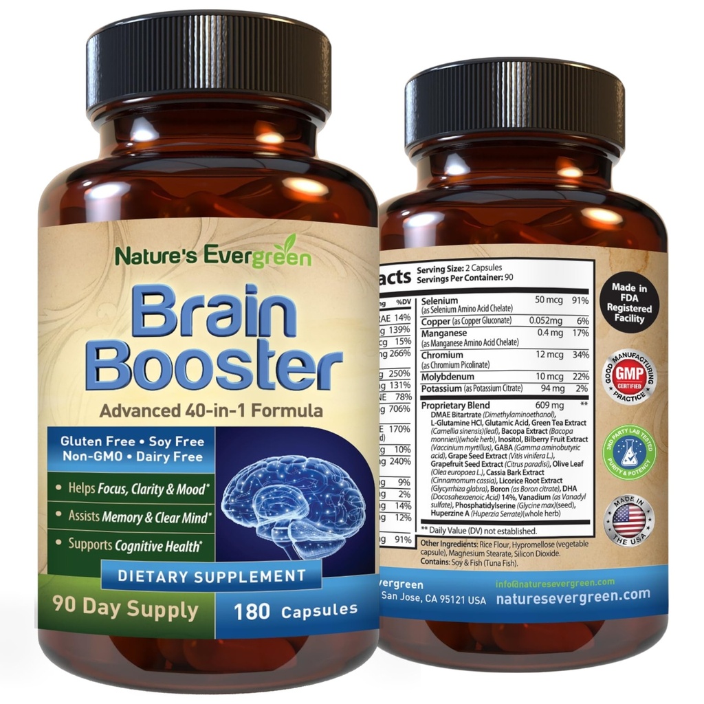 Brain Booster 40-in-1 Suplemento de Fórmula para Focus, Memory, Clarity, Energy para Hombres &amp; Mujeres, Cognitive Function Nootropic Support with DMAE, Brain Health Fórmula ← (180 cápsulas - 90 Day Supply)