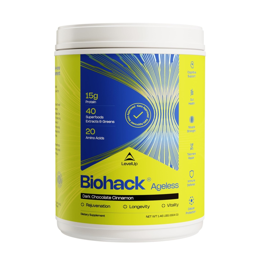NivelUp Biohack Ageless: Colostrum Collagen Superfoods Antioxidantes Aminoácidos Espermidina Creatina para Mujeres y Hombres, Rejuvenecimiento total del cuerpo (Cinnamon de Chocolate Oscuro)