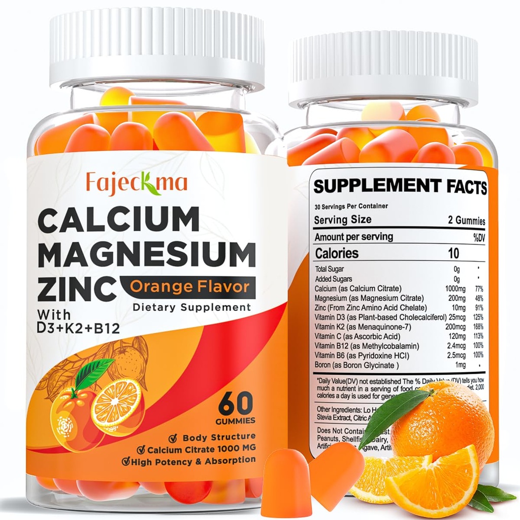 Calcio Magnesio Zinc Gummies para Adulto: Orgánica 1000mg Calcio Citrate Magnesio Suplemento con D3 B12 - Sugar Suplemento de Alta Absorción Libre para Mujeres Hombres (60 Cuenta(Pack de 2))