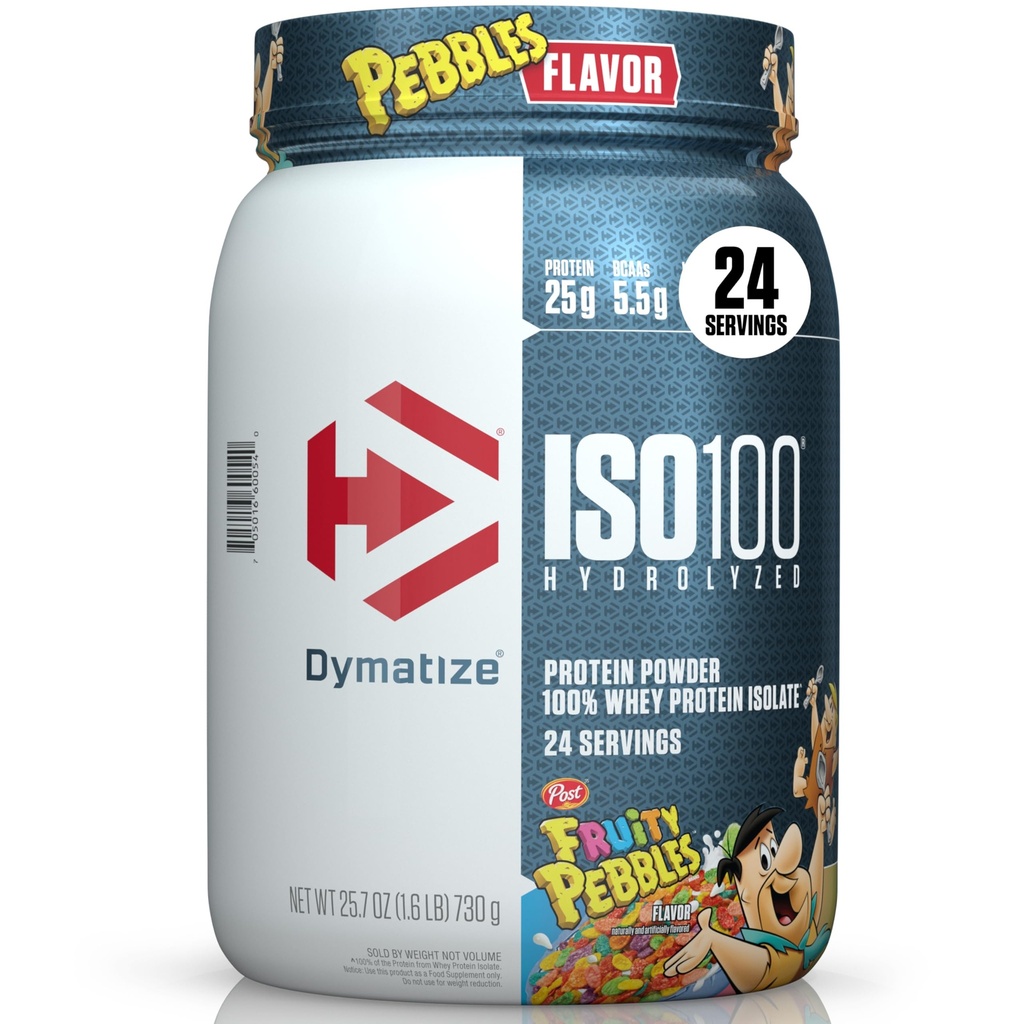 Dymatize x Fruity Pebbles ISO100 Whey Protein Powder Isolate, 25g de Protein, 20 Servings, 5.5g BCAAs, 120 Cal., Gluten Free, 1g Fat, 1g Sugar, 2g Carb (24 Servings)