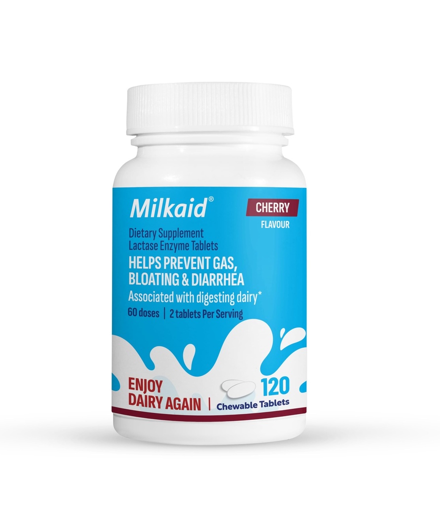Lactasa láctea Enzyme Tablas para Alivio de la Intolerancia de Lactosa tóxica Previene Gas, Bloating & Diarrhea ← Fast Acting Dairy Digestive Supplement (120 Tablets, Cherry)