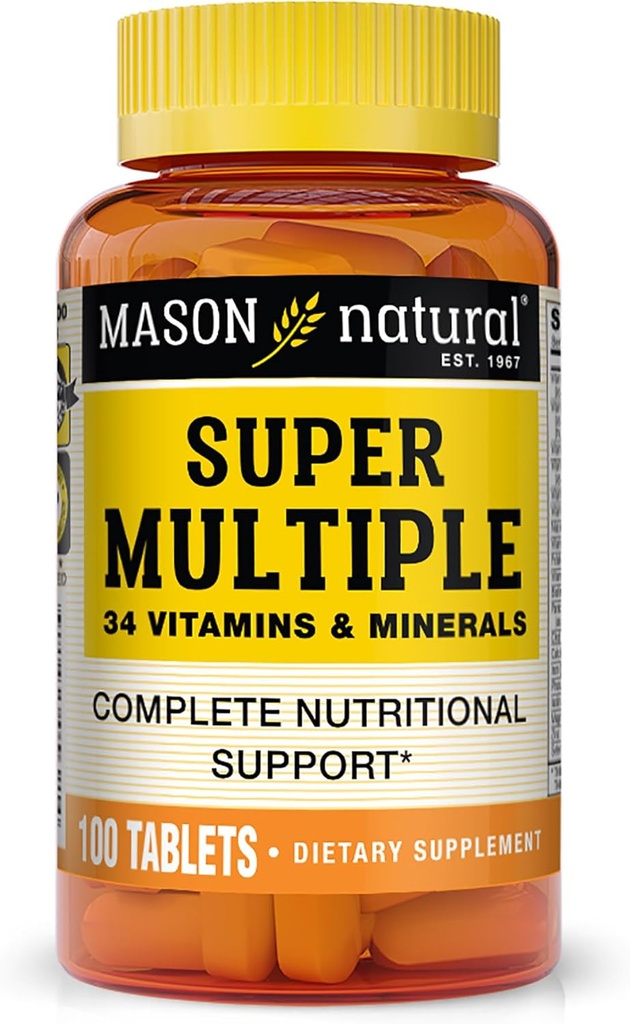 MASON NATURAL Super Múltiples 34 Vitaminas y Minerales - Soporte Nutricional Completo, Todo en Una Multivitamina, Apoya Salud Global, 100 Tabletas