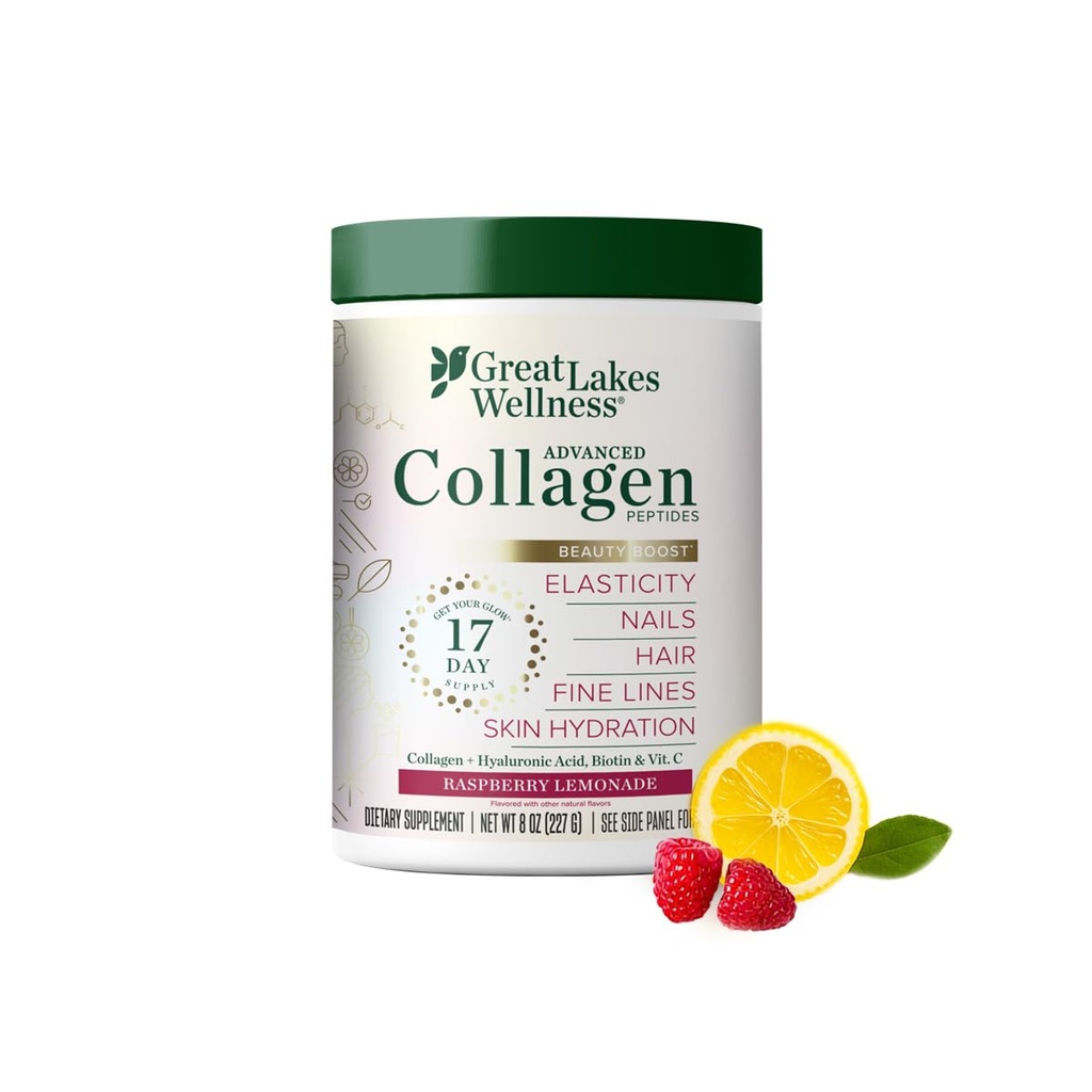 Great Lakes Wellness Beauty Boost Advanced Collagen Peptides Polvo con ácido hialurónico, biotina, vitamina C - Elasticidad y hidratación de la piel - Raspberry Lemonade Flavor - Non-GMO, Keto, Kosher - 8 oz