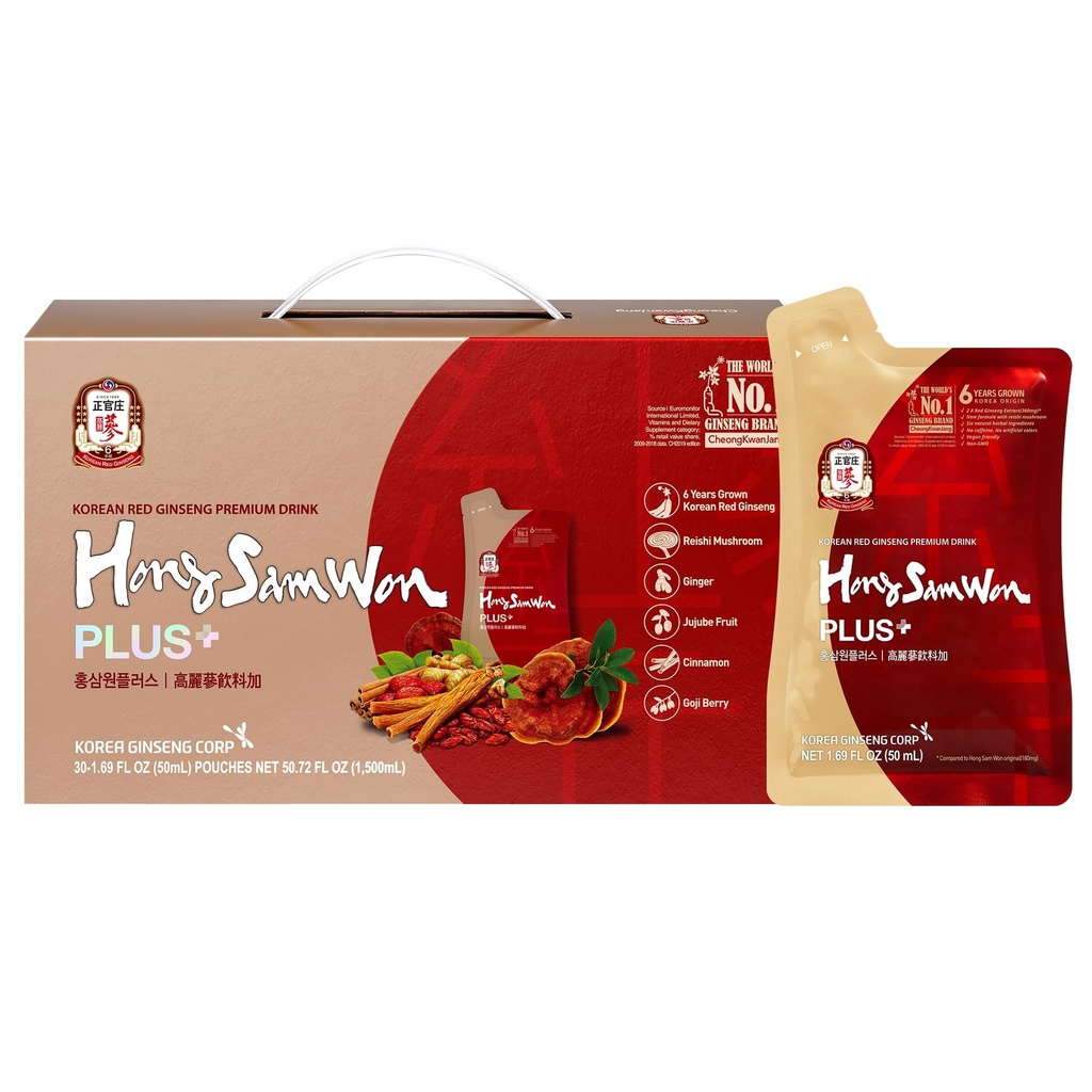 HongSamWon Plus Korean Red Ginseng Premium Drink ¦ Energy Drink, Pre Workout, Herbal Tea  Korean Red Ginseng Extract 360mg, Reishi Mushroom, Ginger, Cinnamon, Gojiberry ← Vegan Friendly ← 30 Count