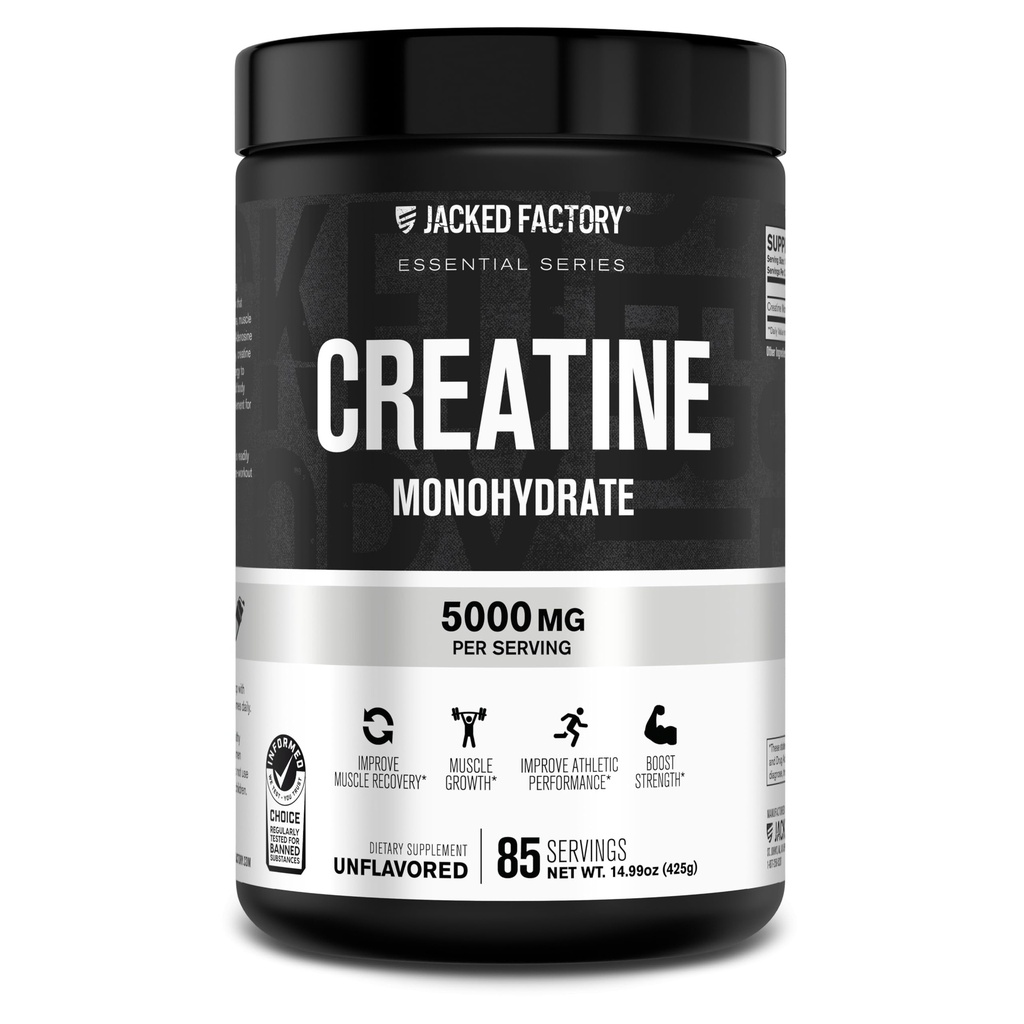 Funda de Monohidrato de Creatina Jacked Factory 425g - 5g Suplemento diario de Creatina para Hombres y Mujeres, Vegan-Amigo, Terceros Tested - 85 Servimientos, Desflavorado