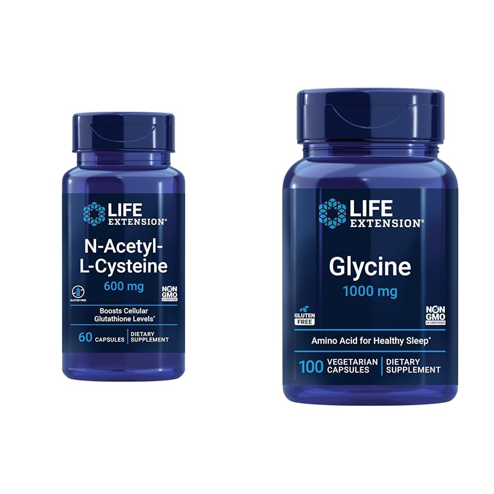 La extensión de vida N-Acetyl-L-Cysteine (NAC) & Glycine 1000 mg, promueve la relajación, el sueño saludable, el ácido aminoácidos, libre de gluten, no GMO, vegetariano, 100 cápsulas