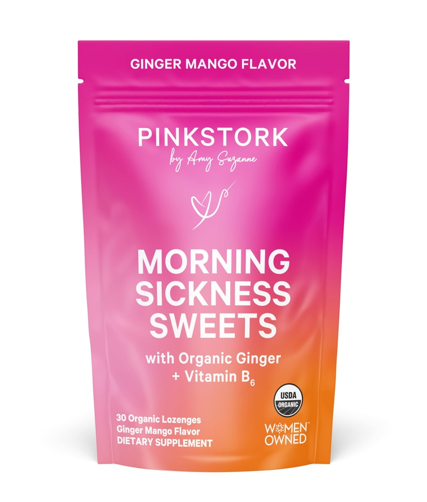 Pink Stork Morning Sickness Sweets, Organic Mango Ginger Candy with Vitamin B6 for Morning Sickness, Motion Sickness, Prenatal Heartburn - Pregnancy Must Haves - 30 Wrapped Drops