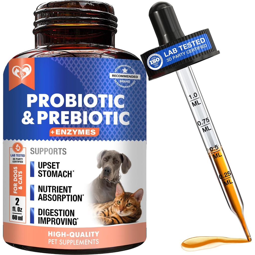 Probióticos " Prebióticos con enzimas para perros y gatos - Digestive Gut Flora Health Pet Food Supplements - Constipation " Diarrhea and Gas Home Remedy - Upset Stomach Relief - Made in USA