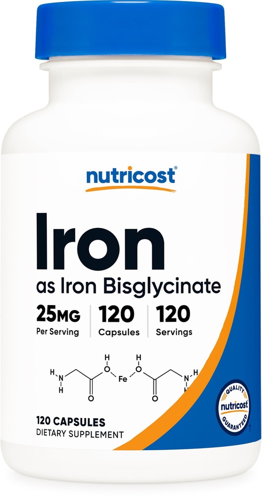 Nutricost Iron Bisglycinate Supplement (25mg) 120 Capsules - de Ferrous Bisglycinate Chelate - Non-GMO &amp; Gluten-Free