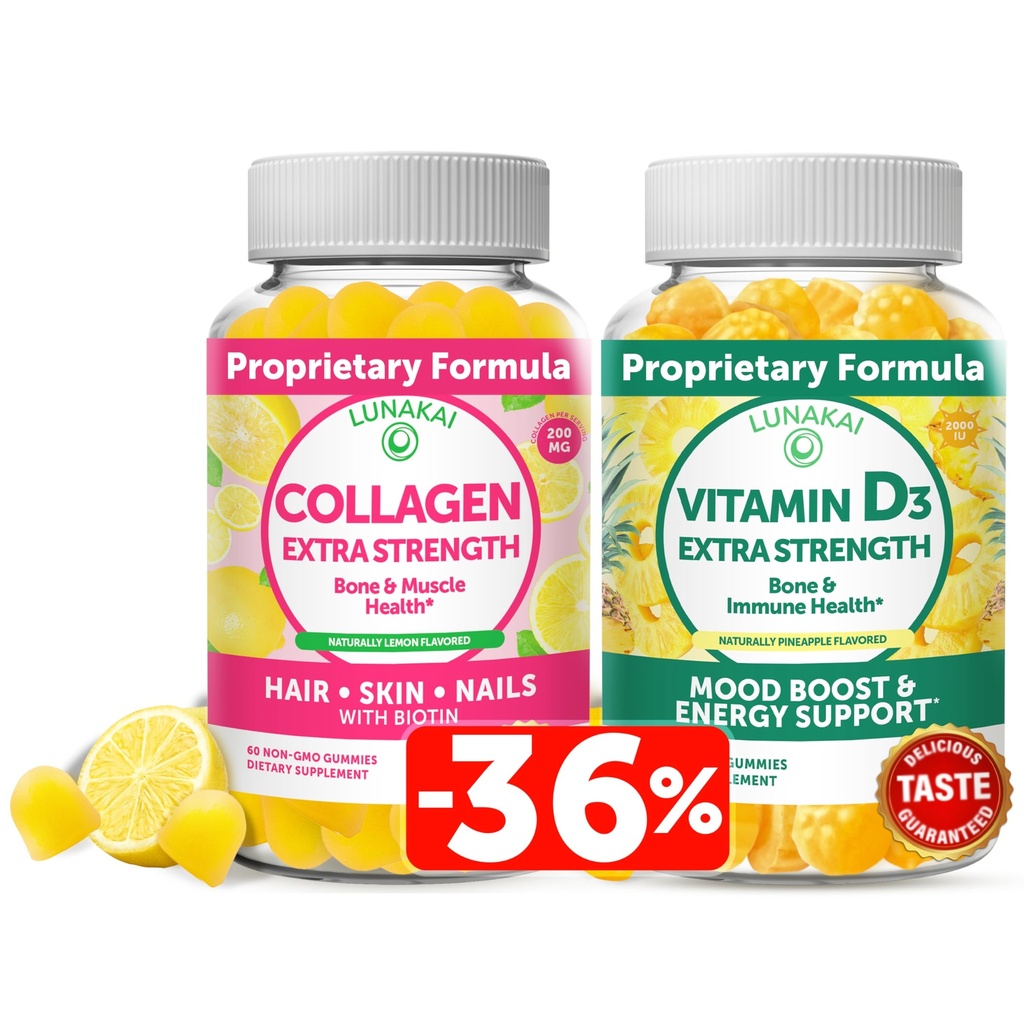 Lunakai Collagen and Vitamin D3 Gummies Bundle - Non-GMO Anti Aging Supplements for Men &amp; Women - Immunity, Bone and Mood Support Gummy for Adults - 30 Days Supply