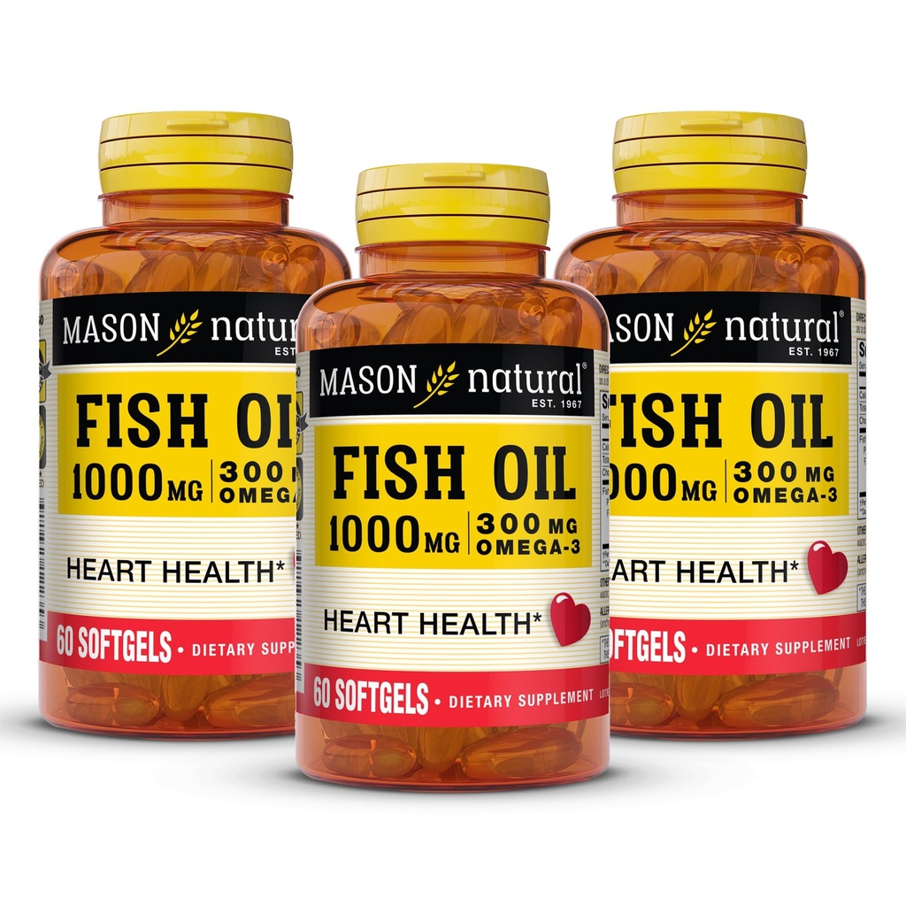 MASON NATURAL Omega,3 Fish Oil, 180,Day Supply, 1000mg con EPA y DHA para soporte conjunto, 60 Softgel Pills (3 Pack)