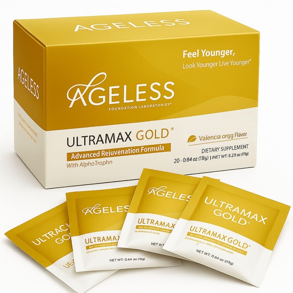 UltraMAX Gold de edad - HGH suplemento de envejecimiento para hombres de mujeres - Rejuvenece la piel, Restaura Aspecto juvenil, Boost Energy &amp; Sleep, Effervescent Powder - Valencia Orange Flavor - 22 Packets