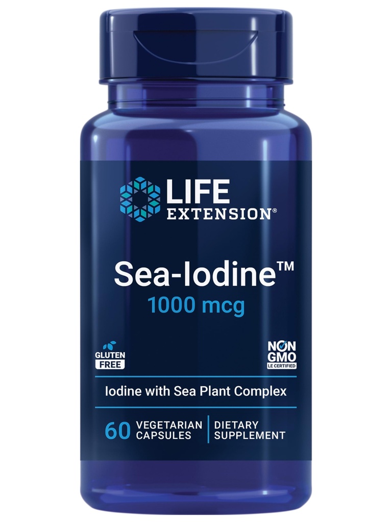 Extensión de la vida Sea-IodineTM, kelp e Iodine derivado de la vejiga, soporta niveles saludables de este nutriente esencial para la salud de los tiroides y más allá, no GMO, libre de gluten, vegetariano, 60 cápsulas