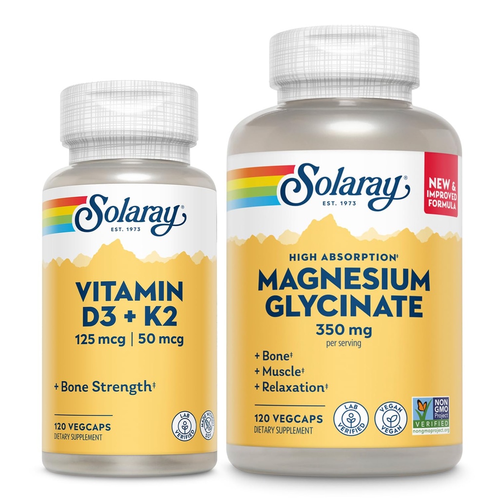 SOLARAY Vitamina D3 K2 y Magnesium Glycinate - Bone Health Bundle - Calcium Absorption, Nerve, Heart and Immune Support w/ 5000 IU Vitamina D, 350mg Magnesio Chelated, 60-Day Guarantee, 120ct/120ct