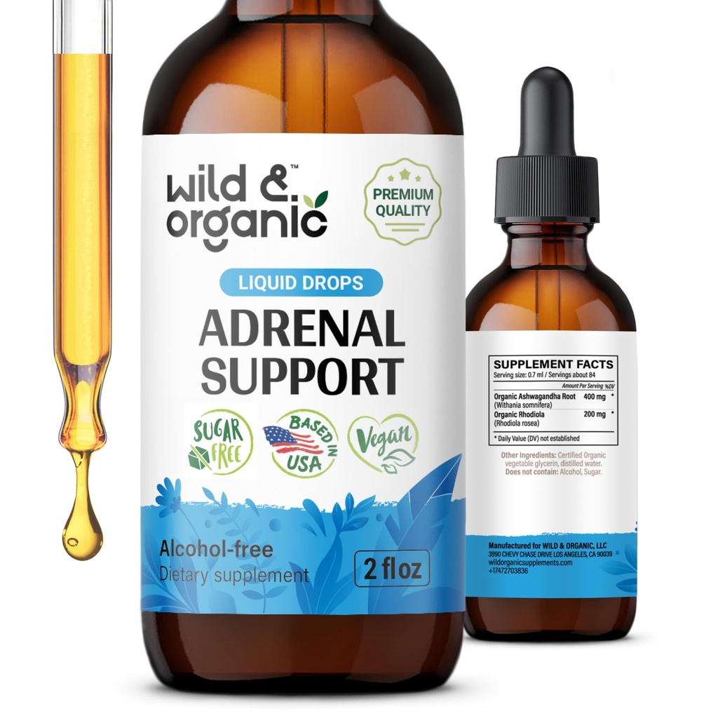Wild &amp; Organic Adrenal Support Tintura para Positivo Outlook - Complejo Adrenal con Ashwagandha, Rhodiola Rosea Root - 1-Month Supply - Vegan, No Sugar & Alcohol - 2 fl oz