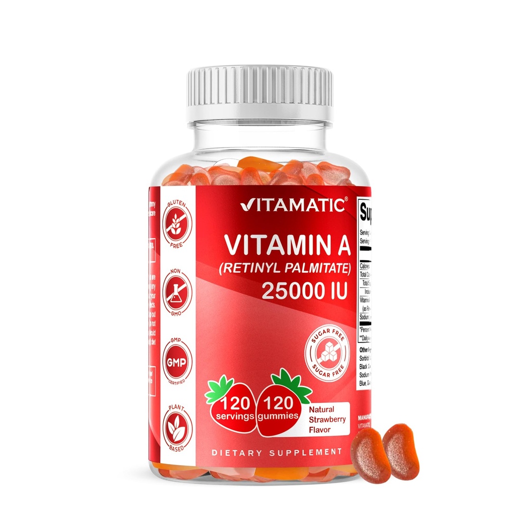 Vitamatic Sugar Free Vitamina A 25000 UI Gummies (Retinyl Palmitate) - Natural Strawberry Flavor - 120 Pectin Based Gummies (1 Bottle)