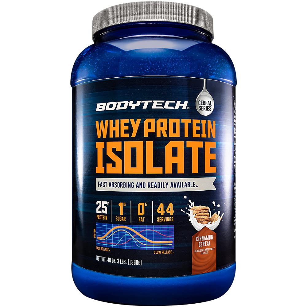 BODYTECH Whey Protein Isolate Powder - con 25 Gramos de Proteína por Serving " BCAA's - Ideal para el edificio del músculo post-operatorio " Crecimiento, Contiene leche " Soy - Canela Cereal (3 libras)