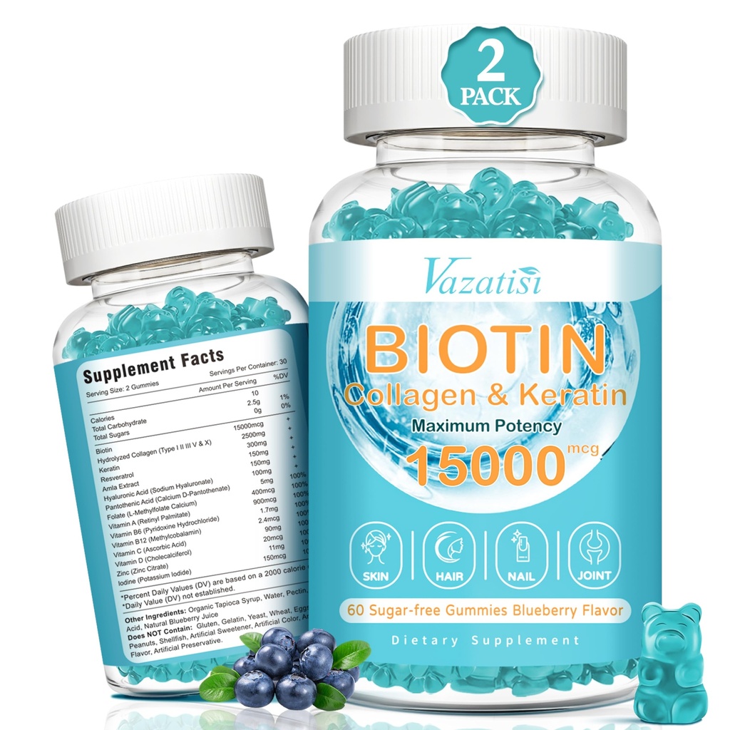 Biotina y colágeno Gummies con B12, Esquí de pelo y uñas Vitaminas Gummies para el crecimiento del cabello, Esquí de reluz &amp; uñas fuertes - Blueberry Flavor, Azúcar Gratis, 120 Ct