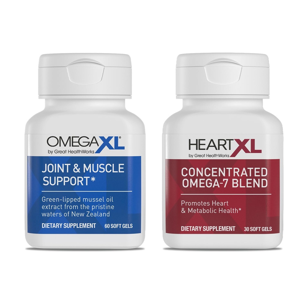 Suplemento de soporte conjunto de OmegaXL - Apoyo al músculo natural, aceite de mejillón verde, píldoras de gel suave, libre de drogas, 60 cuenta + HeartXL 30 cuenta, alta potencia Omega-7 Blend