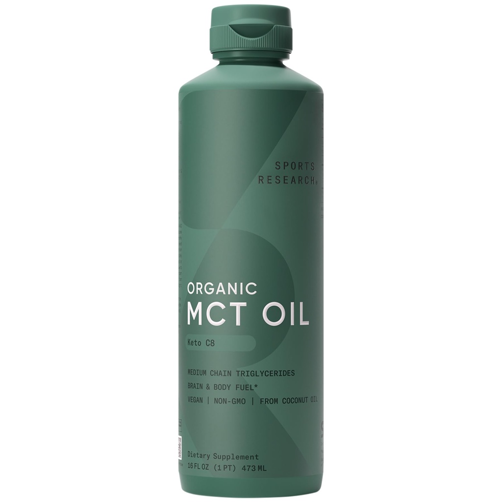 Sports Research Keto MCT Aceite de coco orgánico - Fuel de ácido graso para el cuerpo + cerebro - Único Ingrediente C8 Ácido caprílico - Perfecto en café, té, &amp; más - No GMO &amp; Vegan - Desenflavorado (16 Oz)
