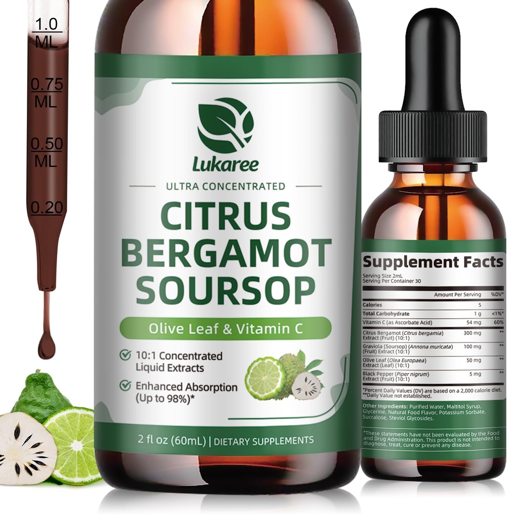 Citrus Bergamot Liquid Drops - Suplemento natural con Soursop, Levadura Roja, Ajo, Hoja de Oliva, Pimienta Negra - Alta Absorción - Soporte Wellness general* - Soursop Bitters Liquid, 2 Fl Oz