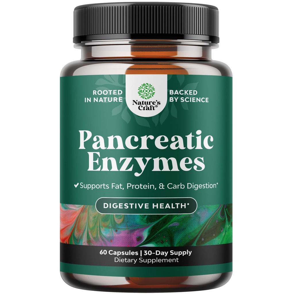 Pancreatin Digestive Enzymes Digestion for Gut Health - Pancreatic Digestive Enzymes for Women &amp; Men with Protease, Lipase &amp; Amylase - Bloating, Stomach Health, Fat, Carb & Protein - 60 Con