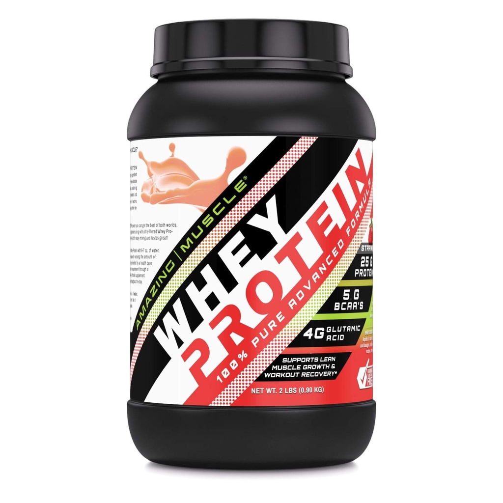 Increíble Muscle 100% Whey Protein Powder *Fórmula avanzada con Whey Protein Isolate como un Ingrediente primario junto con Concentrado de Proteína ultra filtrada (Strawberry, 2 lb)