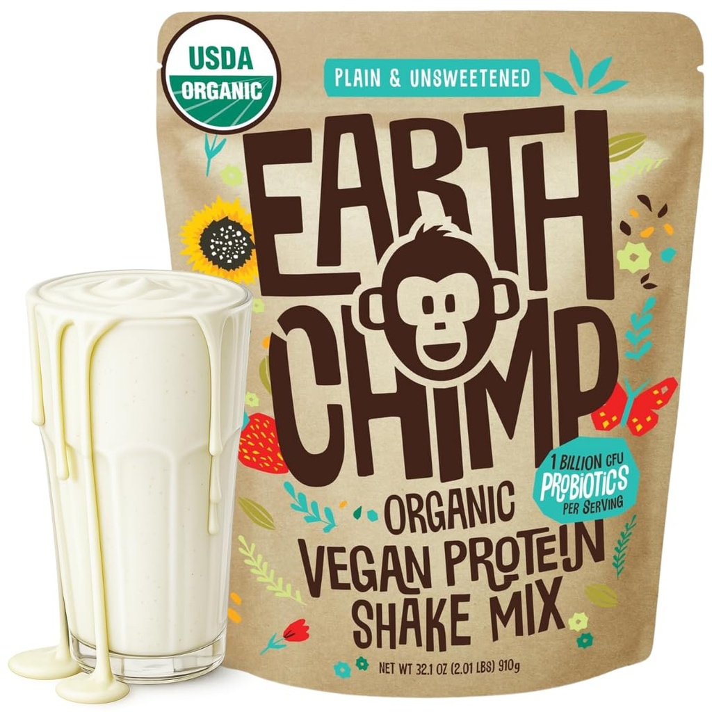 EarthChimp Organic Vegan Protein Powder - with Probiotics - Non GMO, Dairy Free, Non Whey, Plant Based Protein Powder for Women and Men, Gluten Free - 26 Servings 32 Oz (Plain ' Unsweetened)