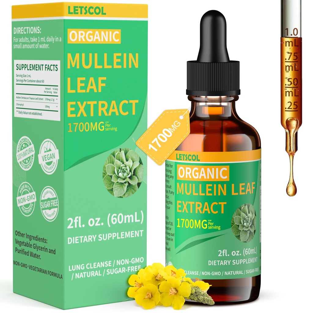 Bombas de Mullein Orgánica para Lung Cleanse, Potente 1700mg Mullein Leaf Extracto para Immune &amp; Respiratory Support, Natural Mullein Supplement Tincture Drops Non-GMO & Vegan, 2 Fl Oz