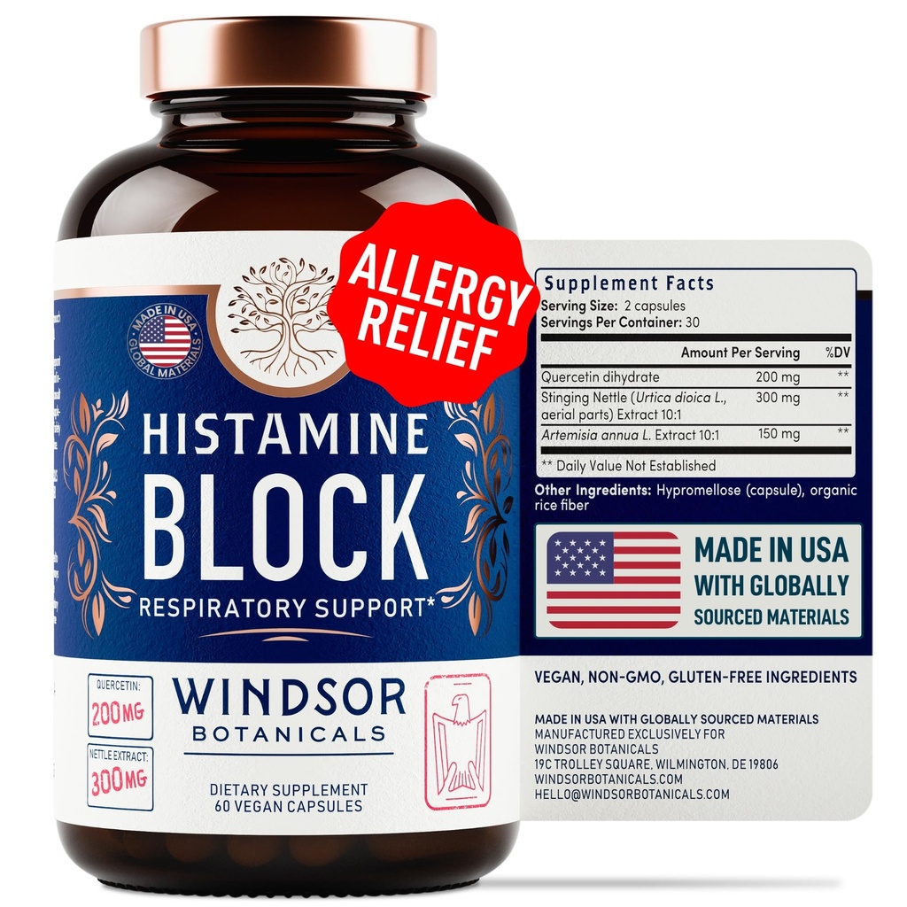 Bloqueador de Histamina para Alergias - Quercetina, Nettle Flavonoids Natural Antihistamine Tablets - Alivio de Alergia Suplementos " Antihistamínicos para Adultos - 60 Cápsulas de Bloque de Histamina Vegan