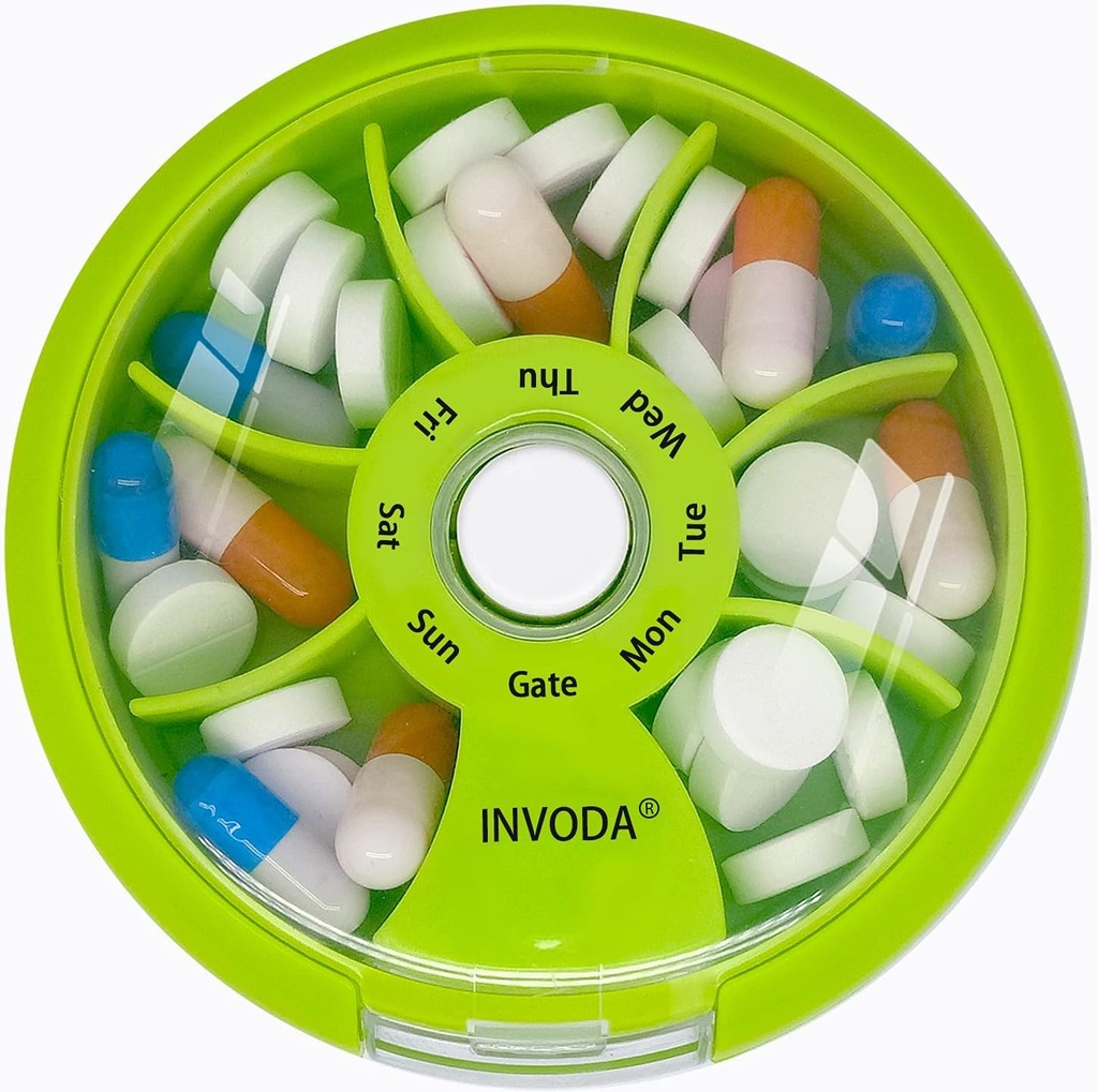 INVODA Organizador semanal de píldoras 7 Caja de Píldora rotativa para medicamentos diarios & vitaminas - Caja de Píldora de Viaje Portable Suplementos de aceite de pescado Vitaminas Organizador (Orange)