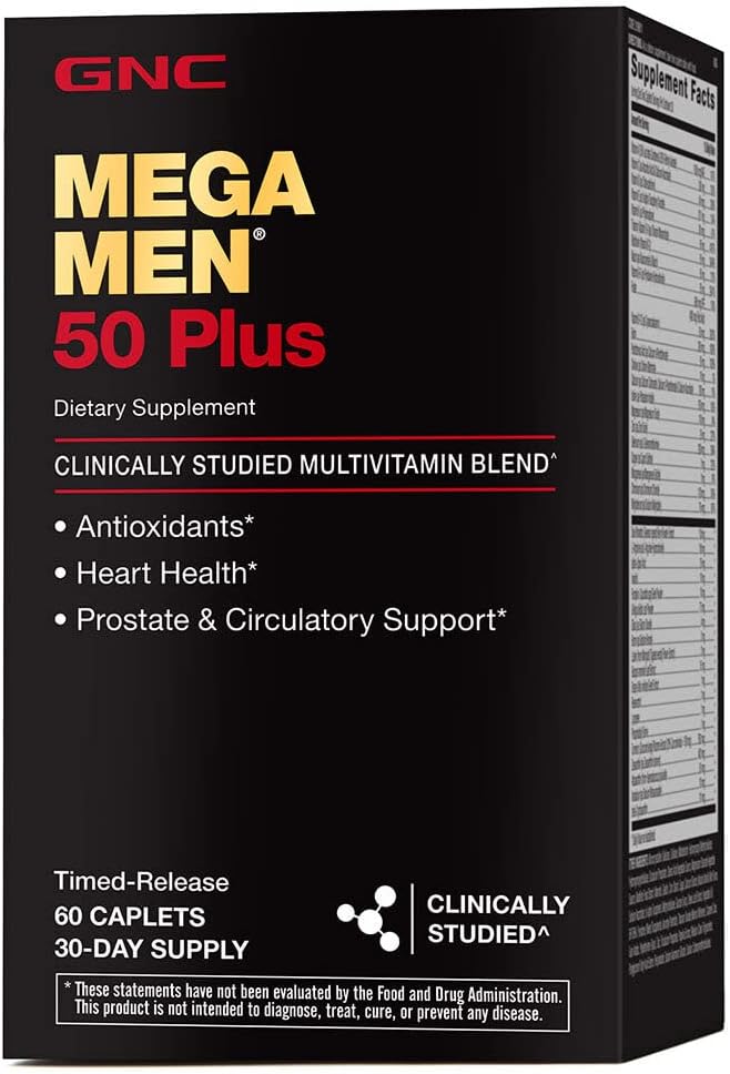 GNC Mega Hombres 50 más cápsulas multivitamínicas, salud clínica, cardiopatía y próstata, vitaminas B, Saw Palmetto, memoria, vitamina D-3, 60 cuentan