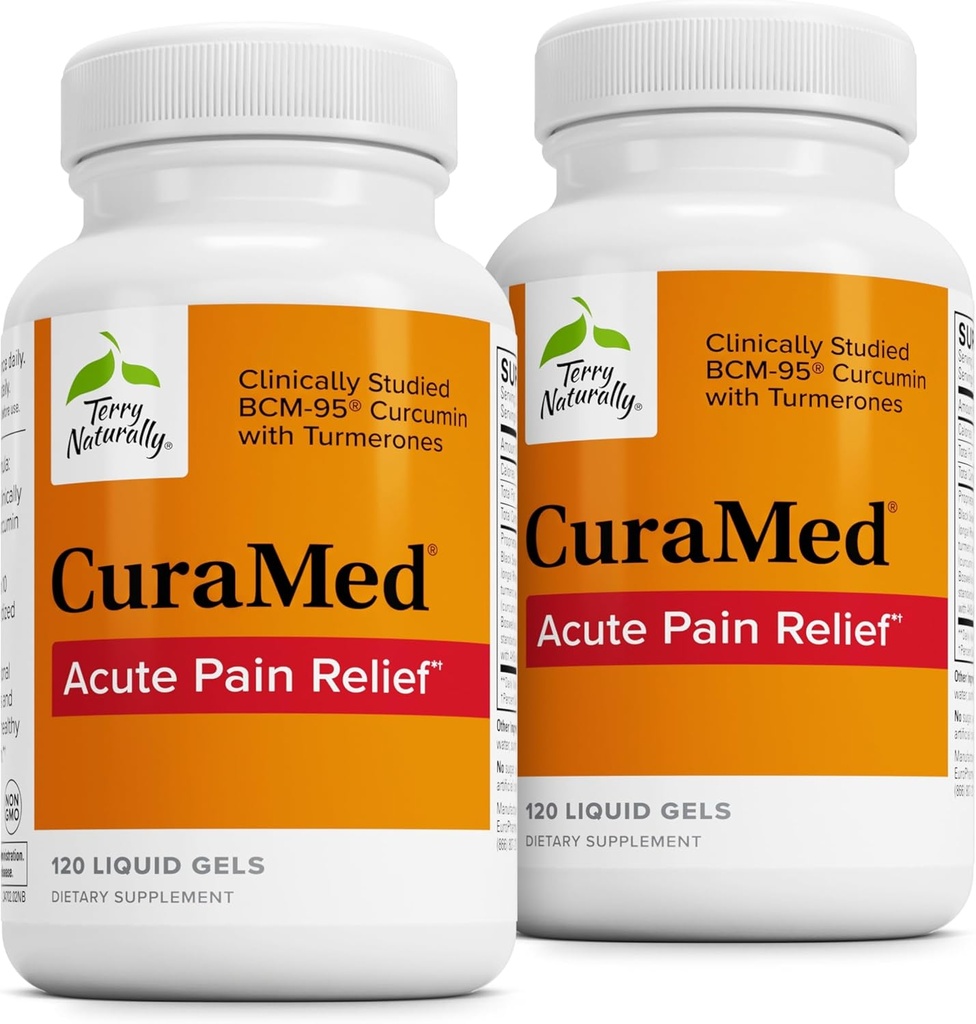 Terry Naturalmente CuraMed Agudo Dolor Alivio - Suplemento con BCM-95 Curcumin &amp; BOS-10 Boswellia - Black Sesame Semilla Aceite para Apoyar Alivio de la Incomodidad Ocasional - 120 Líquidos (Pack de 2)