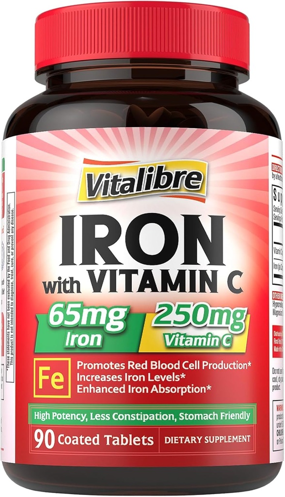 Suplemento de hierro 65 mg con vitamina C, Hierro de Carbonilo Amistoso, Alta Absorción, Una vez al día, apoya la producción de células de sangre roja, libre de gluten, no GMO, 90 Tabletas