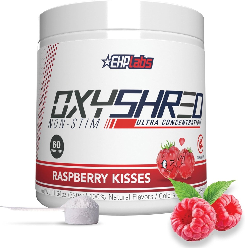 EHP Labs OxyShred Non Stimulant Pre Workout Powder - Estim Free, Caffeine Free Preworkout for Men &amp; Women - Non Stim Preworkout - Sugar Free Energy Powder - Raspberry, 60 Servings