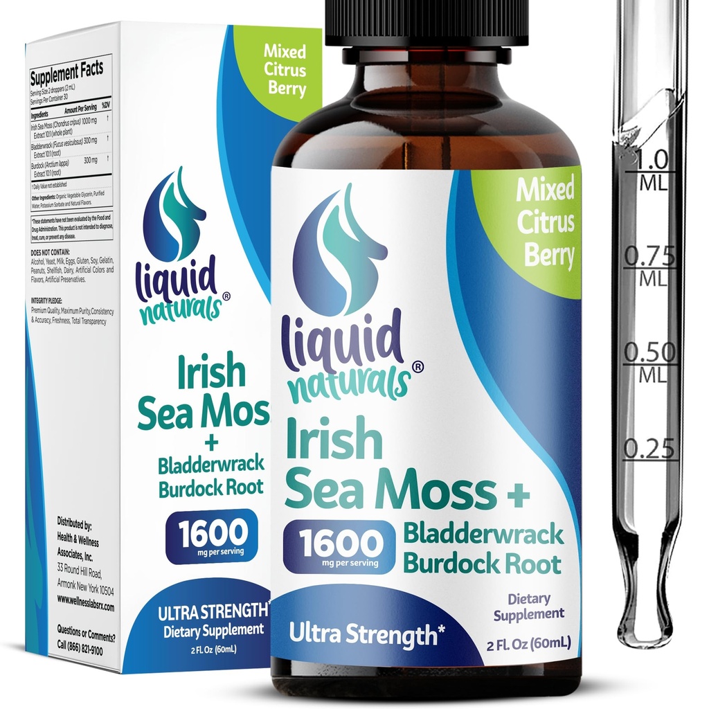 Gotas de Moss del Mar Irlandés - Citrus Berry Flavor - 92+ Minerales Esenciales & Vitaminas - Energía, Skin, Gut, Recuperación - Fledderwrack y Burdock Root - 2 fl. oz