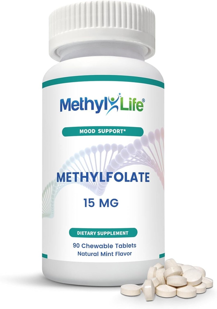 Metil-Life® L-Methylfolate 15 mg para Hombres de Mujeres – Suplemento de Folato Activo con Cerebrofolate® ultrapuro (L-5-MTHF Calcium) – Alta Biodisponibilidad B9 Soporte – Tasty Chewable Tablets latitud 90 Con