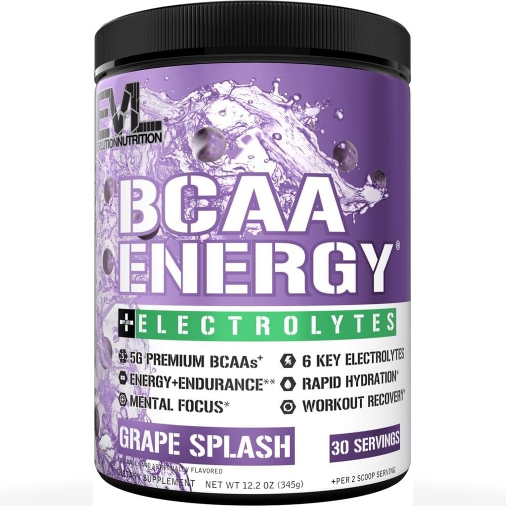 EVL BCAAs Amino Acids Powder - BCAA Energy Pre Workout Powder para la recuperación muscular Crecimiento y resistencia - Rehidratación de la bebida de recuperación después del entrenamiento con 6 electrolitos clave - Grape Splash
