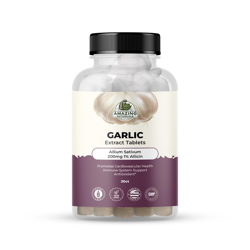 Increíbles botánicos Extracto de ajo Tabletas - Allium Sativum 200mg, 1% Allicin - Suplemento herbal de alta potencia para bienestar y vitalidad - 30 cuenta
