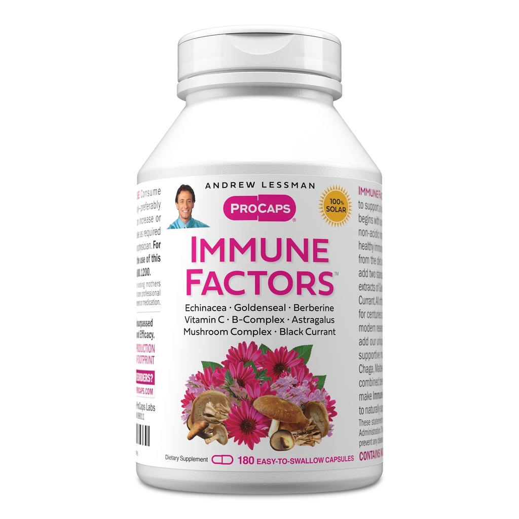 ANDREW LESSMAN Immune Factors 180 Capsules – Echinacea, Goldenseal, Vitamina C, Astragalus, Berberine, Mushroom Blend, Black Currant. Supports and Promotes Immune System and Natural Defenses