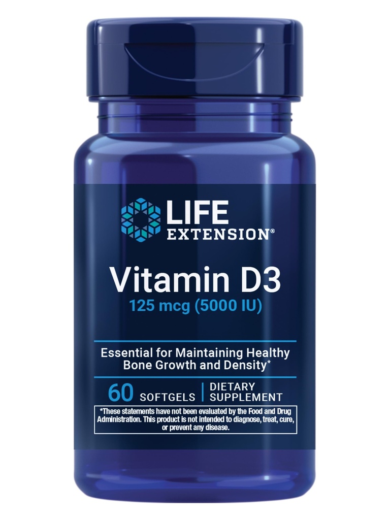 Extensión de la vida Vitamina D3 125 mcg (5000 UI), Bone Health, Brain Performance, Immune System Support, Gluten-Free, Non-GMO, Once Daily, Two-Month Supply, 60 Softgels