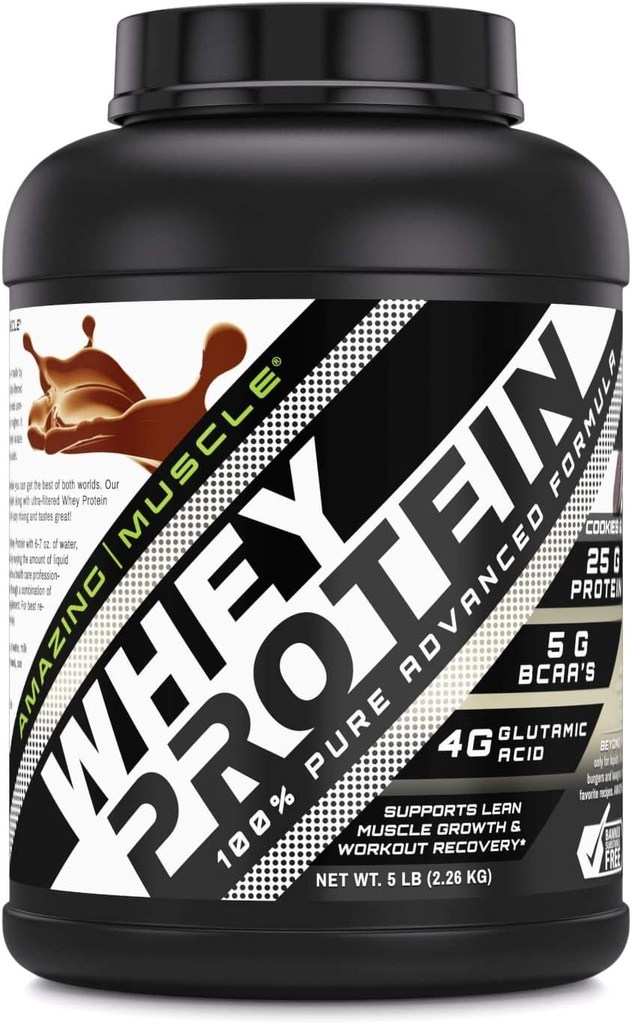 Increíble Muscle 100% Whey Protein Powder *Fórmula avanzada con Whey Protein Isolate Junto con el concentrado de proteínas ultra filtradas (Cookie &amp; Cream, 5 Lb)