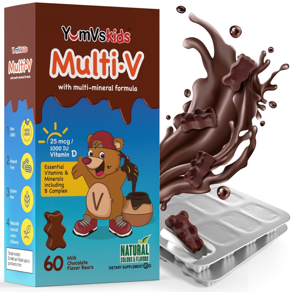 YUM-V'S - Osos de chocolate multivitamínicos para niños - Multivitamínico para niños Suplemento - 16 Vitaminas &amp; Minerales - Vitaminas incluyendo D, Zinc, C, B Complejo &amp; Más, 60 Conde Pack de 1