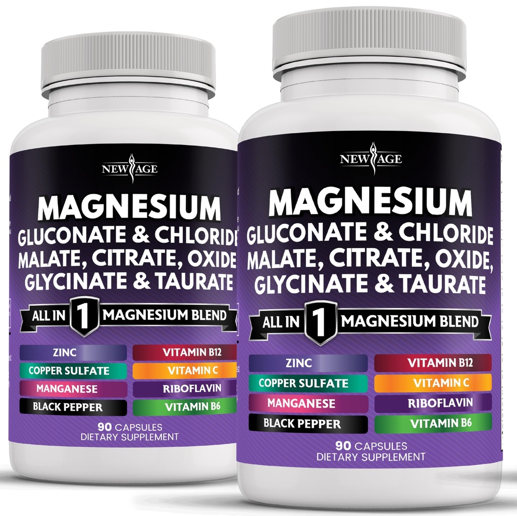 Nuevo suplemento de magnesio AGE -Powerful Glycinate Citrate Malate Oxide Taurate Aspartate Gluconate Orotate & Mag Chloride Manganese Bone Health and Bone Strength, Joint Support- 180 Count