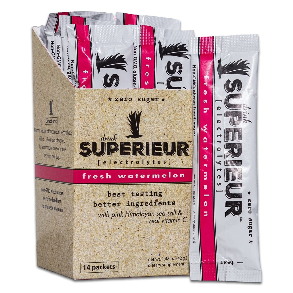 Superieur Electrolyte Powder Packets - Vegan Electrolyte Hydration Powder w/Sea Minerals - Keto Friendly, Non-GMO, Zero Sugar Electrolyte Suplemento - Healthy Sports Drink - Watermelon (14 Packets)