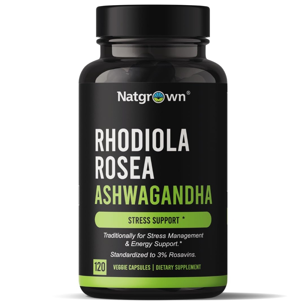 Natgrown Rhodiola Rosea con Aswagandha Extract Capsules - Estándarizado a 3% Rosavins y 1% Salidroside - 120 Conde