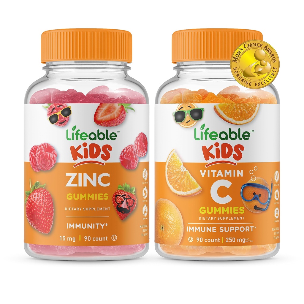 Niños Zinc Lifeable + Vitamina C Niños, Gummies Bundle - Gran Tasting, Suplemento de vitaminas, Gluten Gratis, GMO Gratis, Chewable Gummy