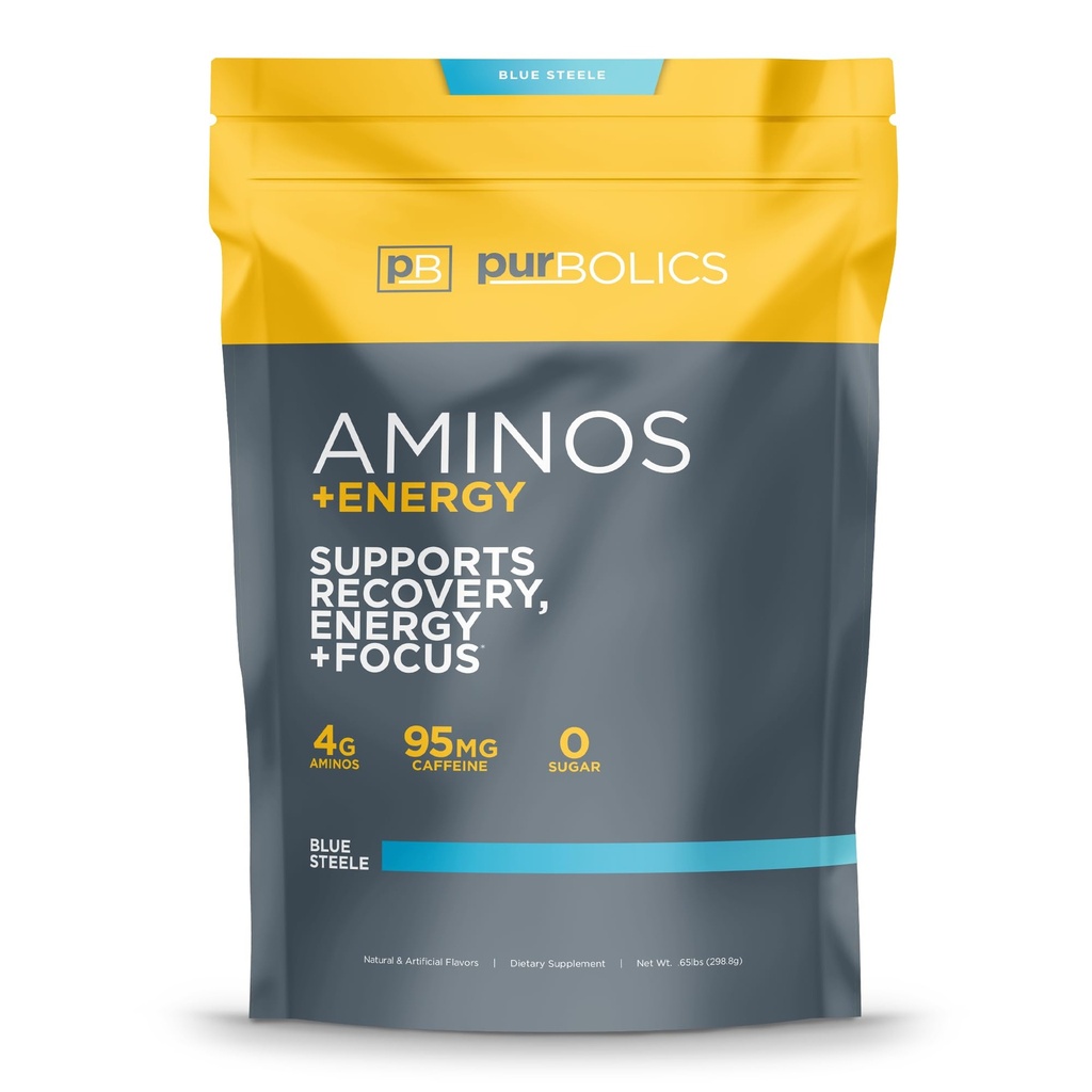Purbolics Aminos + Energy ¦ apoya la recuperación, la energía y el foco  durable 95mg de Caffeine, 0 Calories & 60 Servings (Blue Steele)