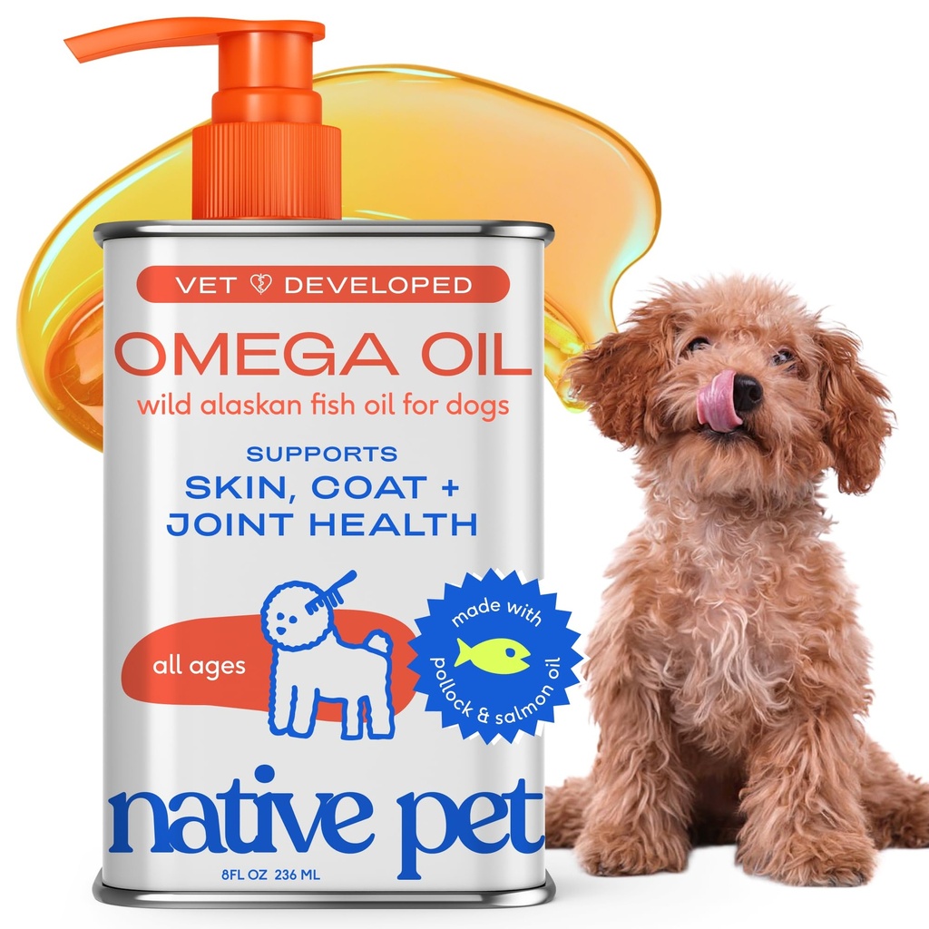 Native Pet Omega 3 Fish Oil for Dogs & Cats - Promueve la piel sana, la carne brillante, & Strong Joints - Hecho con aceite de salmón de Alaska silvestre para perros – Tasty, Fast-Absorbing Omega 3 6 9 Liquid Supplement- 8oz